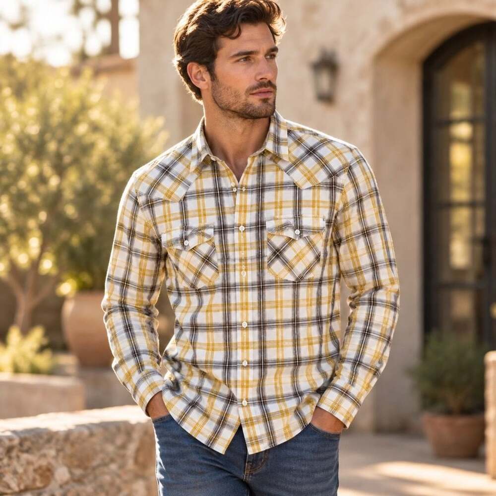 Patagonia Organic Cotton Western Plaid Shirt Size L Yellow White
